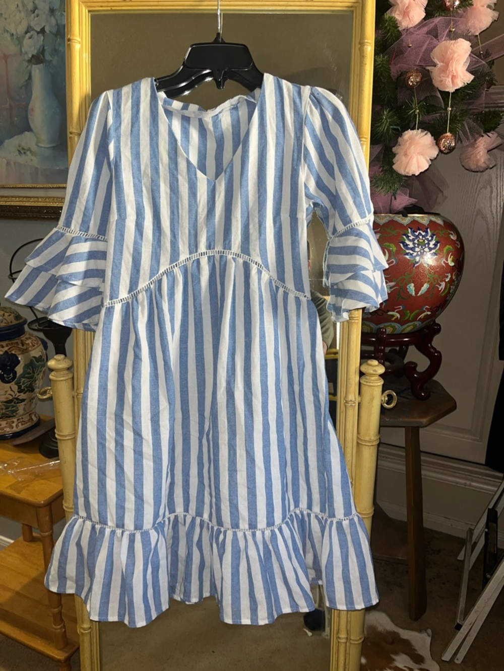 Striped Blue & White Ruffle Mini Dress